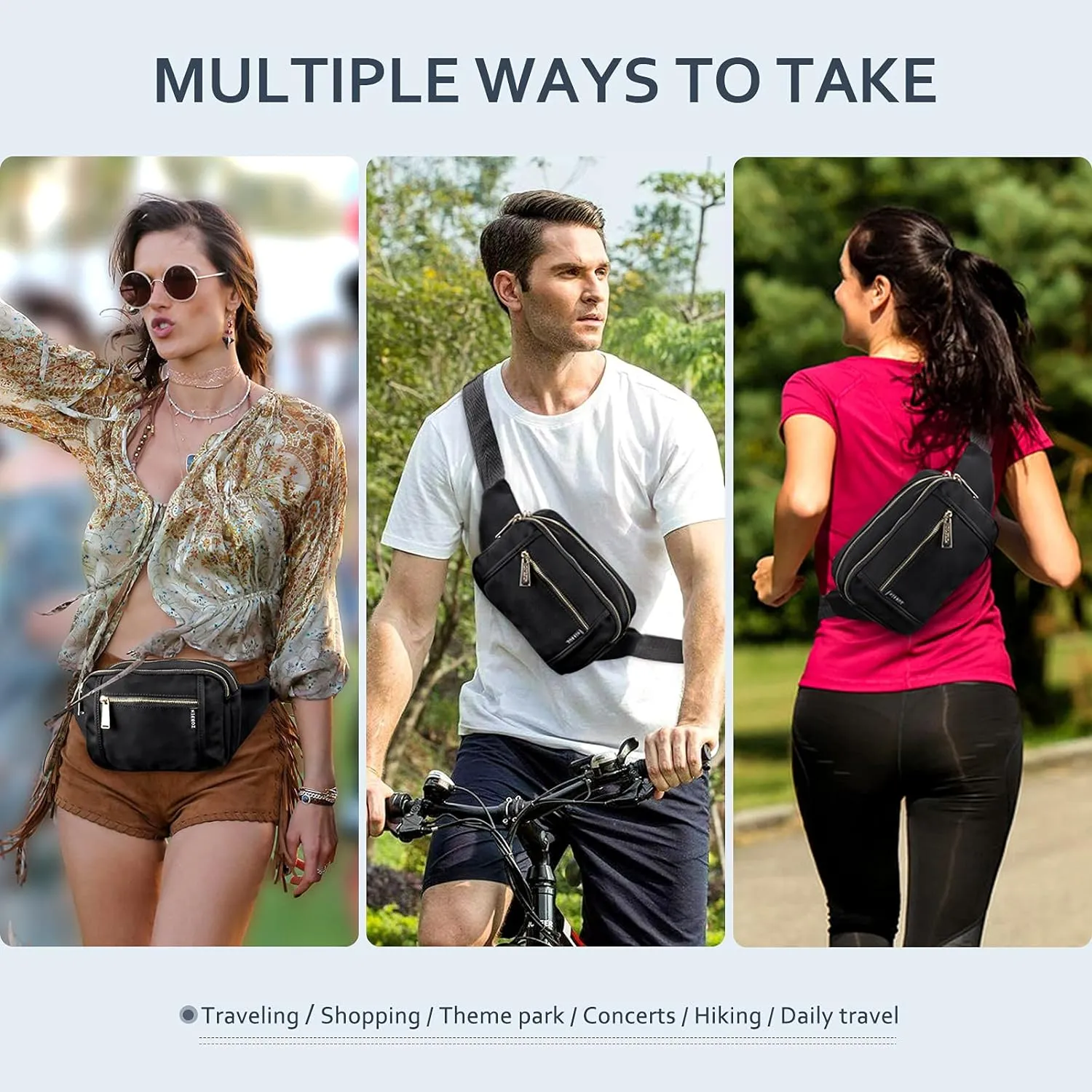 ZORFIN Fanny Packs for Women Men, Belt Bag with 5 Zipper Pockets, Fashion Waist Pack Crossbody Bag with Adjustable Belt for Travel/Shopping/Hiking/Running/Cycling (Brown, Gray Zipper)
